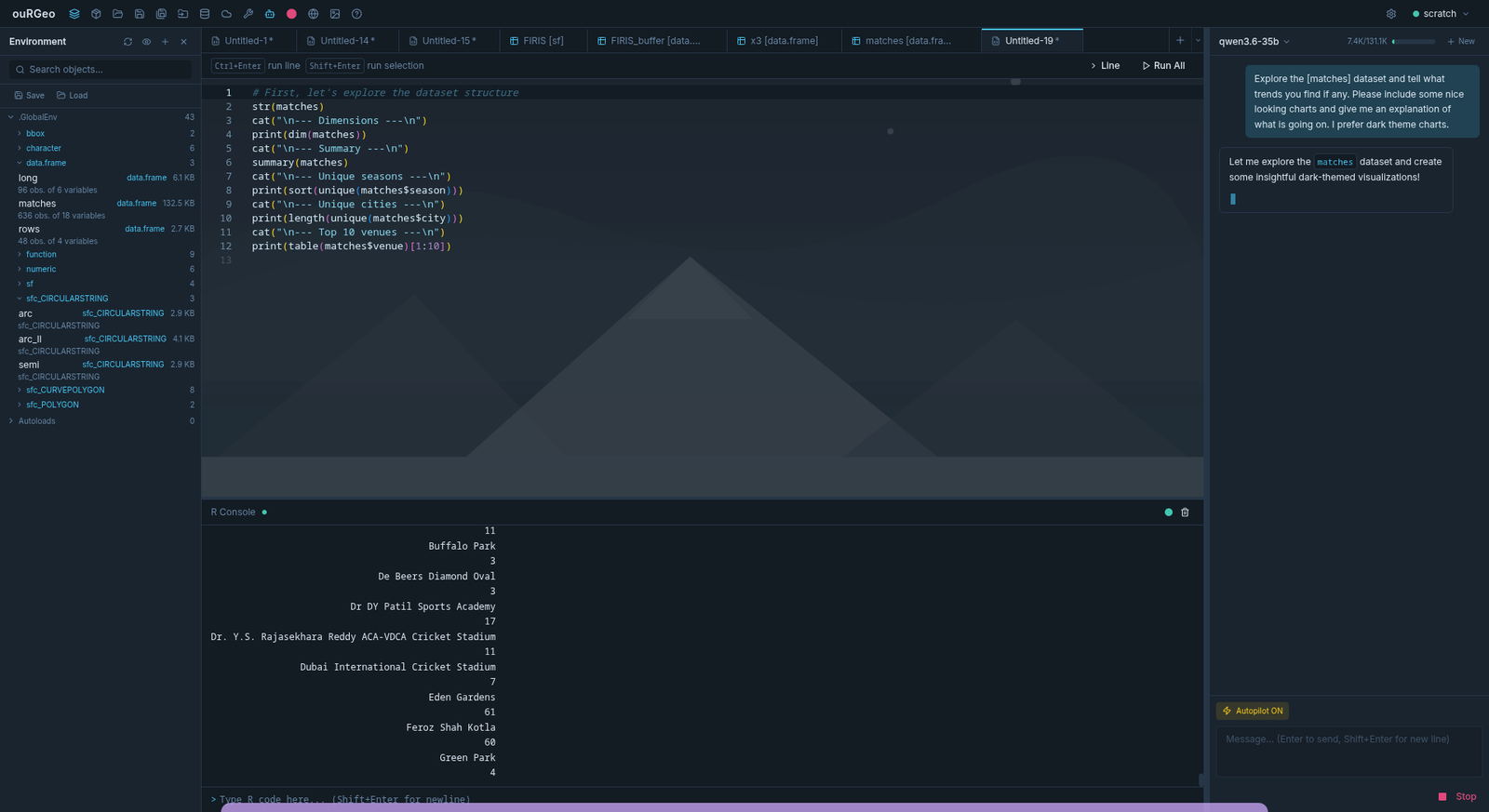 [Screenshot needed] The AI Chat panel docked on the right: a user prompt, the assistant's streaming reply with an inline R code block it executed, the model/provider selector, and the Autopilot toggle.