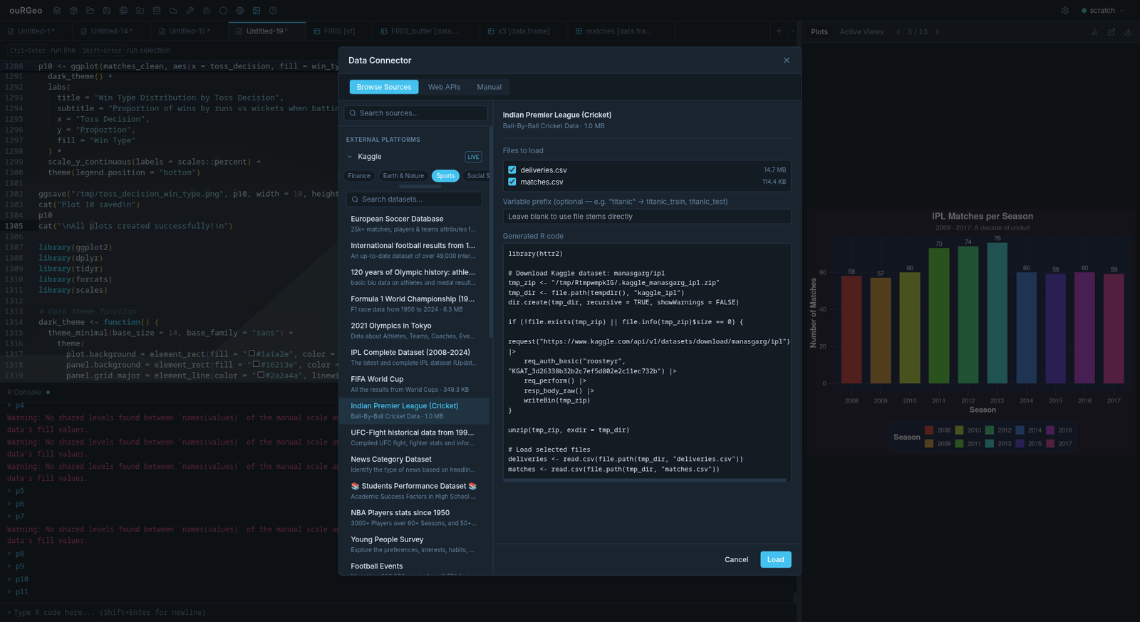 [Screenshot needed] The Data Connector dialog: provider list (Esri, WFS, STAC, Socrata...), a query builder with filters, a data preview table, and the generated R import code at the bottom.