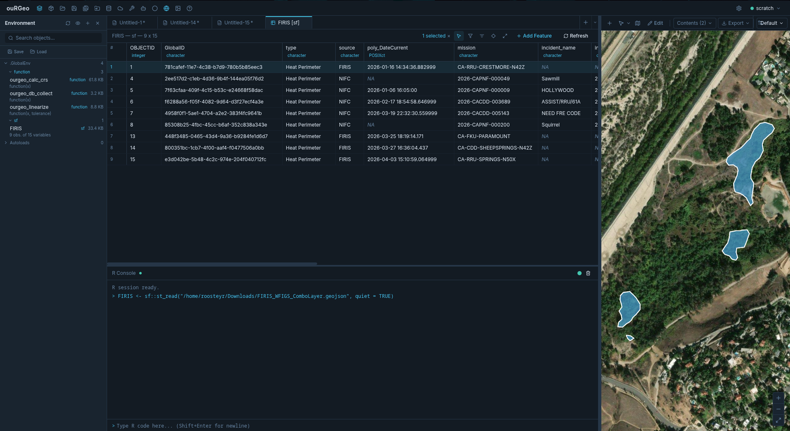 [Screenshot needed] The full ouRGeo desktop application — dark UI with the code editor and R console on the left, an interactive map on the right, toolbar across the top.