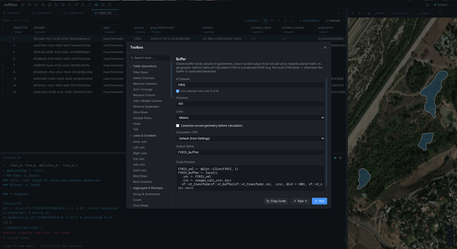 [Screenshot needed] The ouRGeo Toolbox dialog: category list on the left, a selected tool's parameter form (dataset, columns, output name) in the middle, and a live preview of the generated R code.